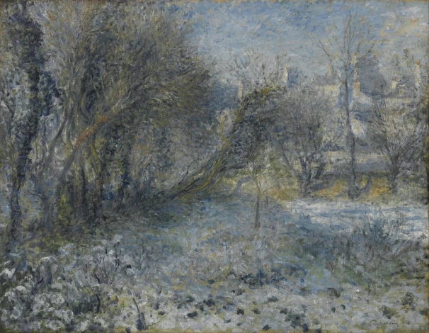 Reprodukcja Snow-covered Landscape, Renoir Auguste - Wzór graficzny. Obraz przedstawia zimowy krajobraz z drzewami