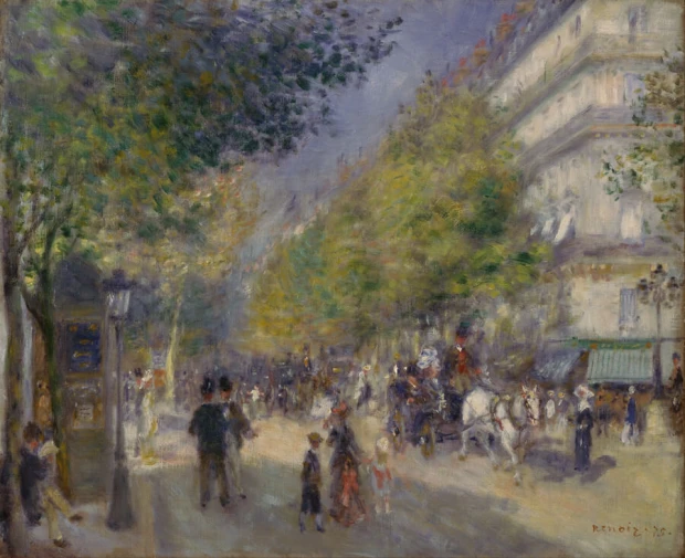 Reprodukcja obrazu The Grands Boulevards Auguste Renoira przedstawiająca tętniącą życiem paryską ulicę