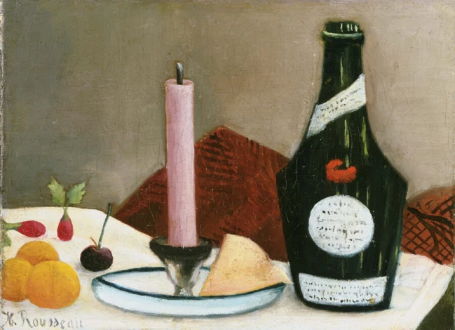 Reprodukcja The Pink Candle, Henri Rousseau - Wzór graficzny. Obraz przedstawia świeczkę, butelkę, owoce i talerz