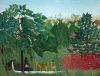 Reprodukcja The Waterfall, Henri Rousseau - Wzór graficzny. Obraz przedstawia bujną roślinność, postać oraz jelenie