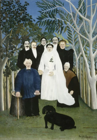 Reprodukcja The Wedding Party, Henri Rousseau - Wzór graficzny. Grupa ludzi w strojach ślubnych na tle drzew