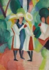 Reprodukcja Three girls in yellow straw hats I, August Macke - Wzór graficzny. Trzy postacie w jasnych kapeluszach na tle