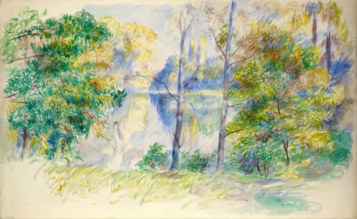 Reprodukcja View of a Park, Auguste Renoir - Wzór graficzny. Obraz przedstawia park z drzewami, wodą i postaciami w tle