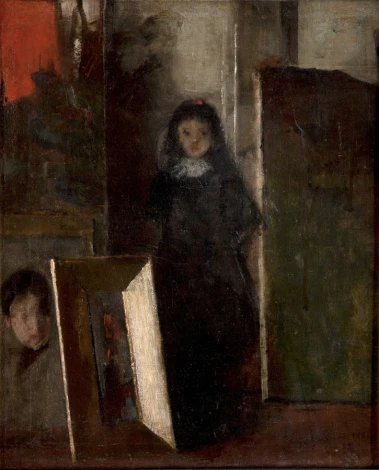 Reprodukcja W pracowni 3, Olga Boznańska - Aranżacja w pracowni artystycznej. Ściany w odcieniach szarości, widoczne obrazy