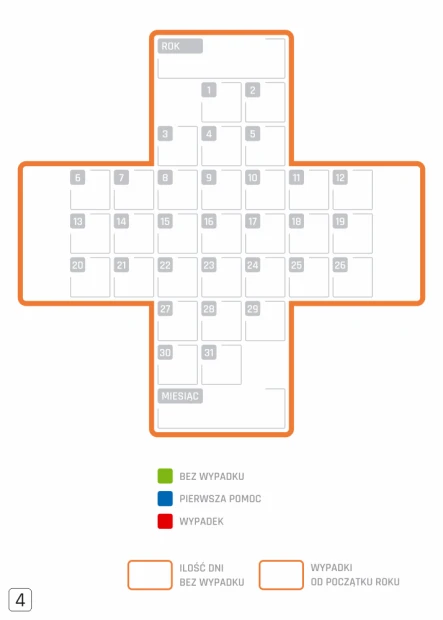 Tablica suchościeralna krzyż bezpieczeństwa 126 - Wzór graficzny. Grafika przedstawia krzyż z siatką dni i miesięcy
