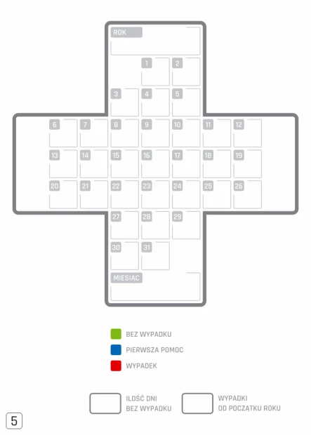 Tablica suchościeralna krzyż bezpieczeństwa 126 - Wzór graficzny. Grafika przedstawia krzyż z siatką dni i miesięcy