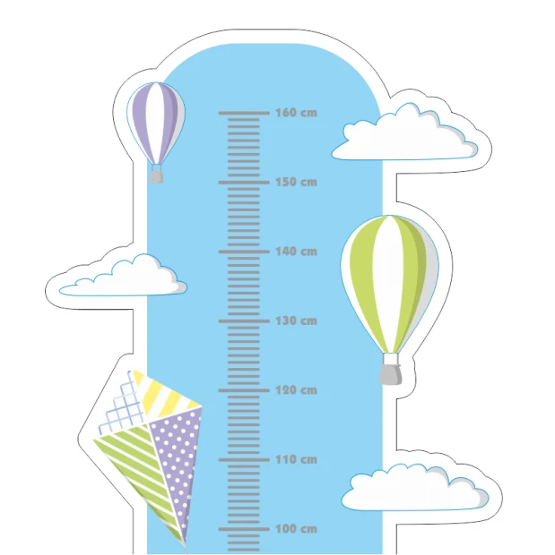 Naklejka miarka wzrostu dziecka latawiec balony 2454 - Wzór graficzny. Miarka z niebieskim tłem, chmurkami, latawcami