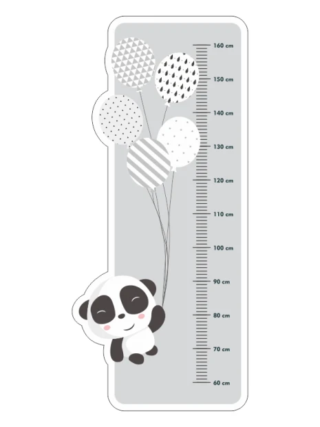 Naklejka miarka wzrostu dziecka miś panda 2459 - Wzór graficzny. Miarka z postacią pandy trzymającą balony w różnych wzorach