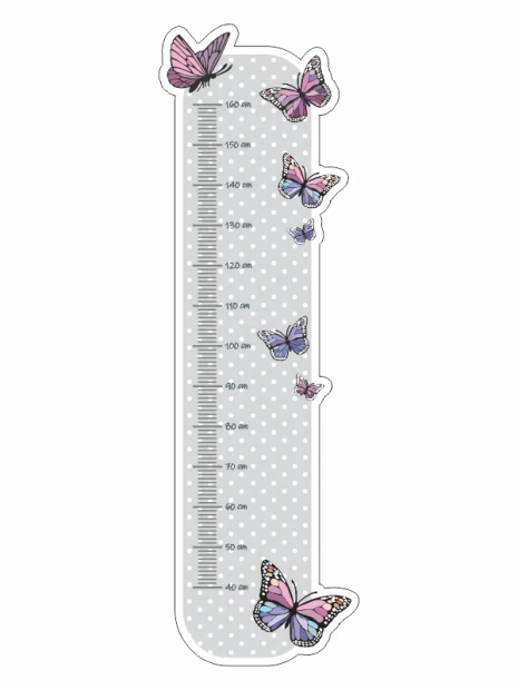 Naklejka miarka wzrostu dziecka motyle 2455 - Wzór graficzny. Prosta miarka z motylami na szarym tle z kropkami