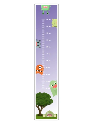 Naklejka miarka wzrostu z kolorowymi stworkami, drzewem i podziałką do 160 cm, przedstawiona na białym tle