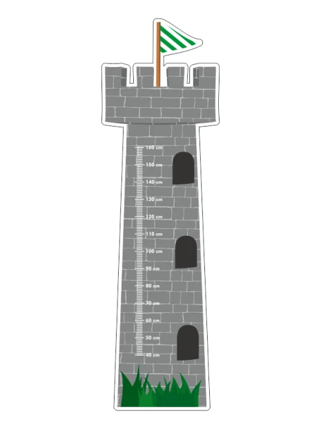 Naklejka miarka wzrostu dziecka zamek 2243 - Wzór graficzny. Grafika przedstawia wieżę zamku z oknami i flagą
