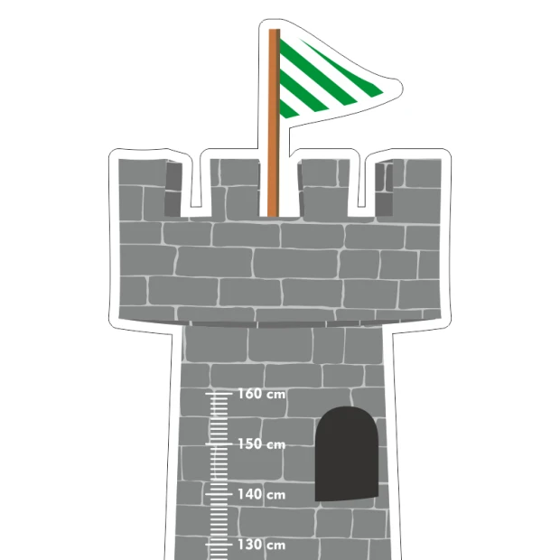 Naklejka miarka wzrostu dziecka zamek 2243 - Wzór graficzny. Zamek z szarymi murami, oknem i zieloną flagą. Skala wzrostu po