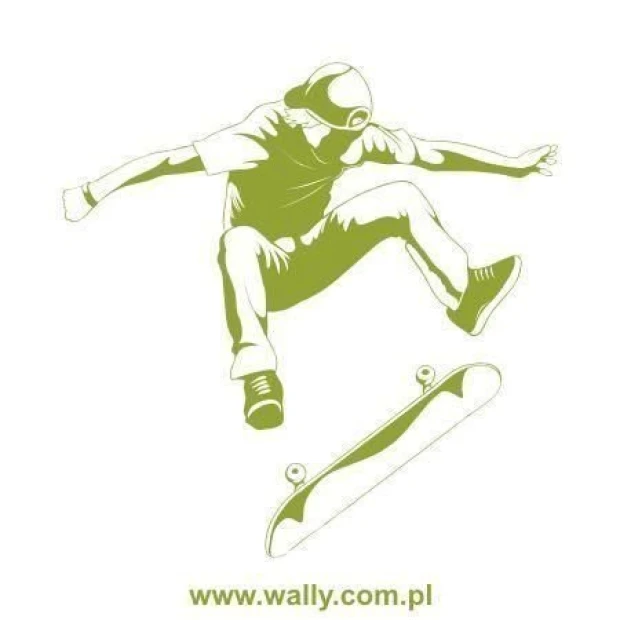 Naklejka ścienna ze skaterem wykonującym trik na deskorolce, w przykładowym zielonym kolorze na białym tle