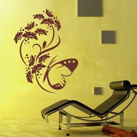 Stylowa naklejka Chiński 93 z motywem motyla i roślin w głębokim burgundzie, idealna do nowoczesnego