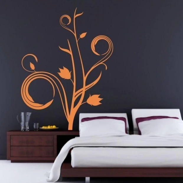 Elegancka naklejka floral 1101 w intensywnym pomarańczowym kolorze, idealna do nowoczesnej sypialni,