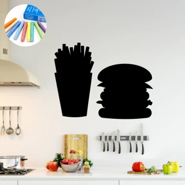 Naklejka kredowa frytki hamburger 339 - Aranżacja w kuchni. Ściany w jasnych kolorach, nowoczesne meble i akcesoria