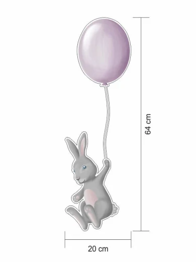 Infografika z wymiarami naklejki ściennej przedstawiającej szarego królika na fioletowym balonie