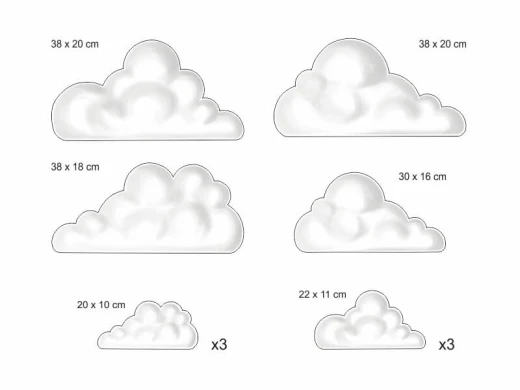 Infografika z wymiarami naklejek ściennych przedstawiających białe chmurki o różnych wielkościach