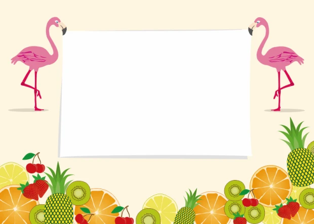 Tablica suchościeralna flamingi 402 - Wzór graficzny. Dwa flamingi trzymają białą kartkę, wokół owoce