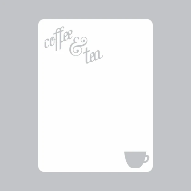 Prostokątna tablica suchościeralna z zaokrąglonymi rogami i nadrukiem coffee & tea oraz filiżanki na szarym tle