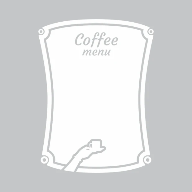 Tablica suchościeralna coffee menu 253 - Wzór graficzny. Kształt tablicy przypomina lekko zaokrąglony prostokąt z rysunkiem