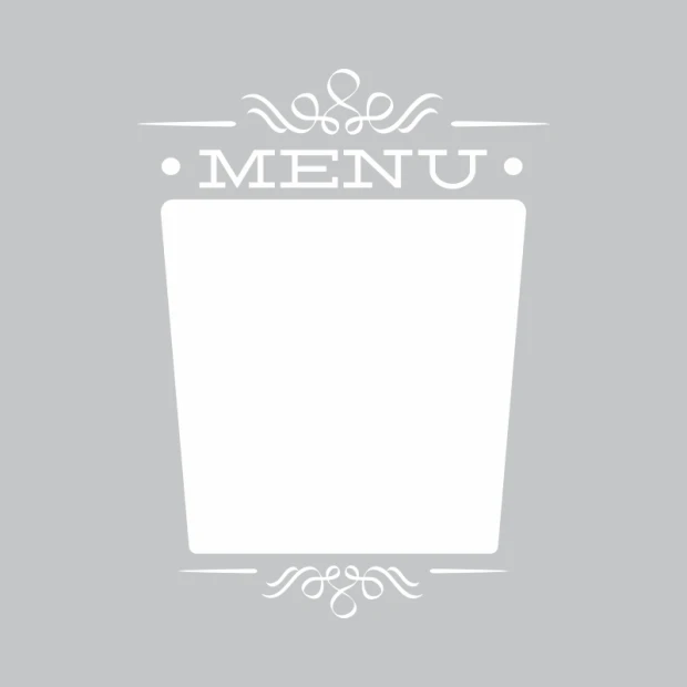 Tablica suchościeralna w kształcie menu z ozdobnym napisem i zawijasami na szarym tle