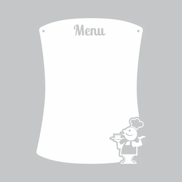 Tablica suchościeralna menu 255 - Wzór graficzny. Kształt tablicy jest zaokrąglony, z napisem Menu na górze oraz postacią