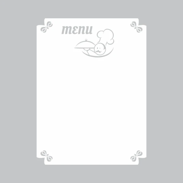 Tablica suchościeralna menu 256 - Wzór graficzny. Na białym tle widoczny napis menu oraz prosty rysunek kucharza. W rogach