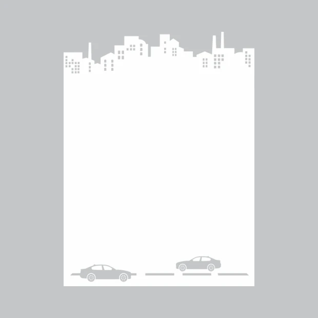 Tablica suchościeralna miasto, auta 313 - Wzór graficzny. Grafika przedstawia sylwetkę miasta z samochodami na drodze