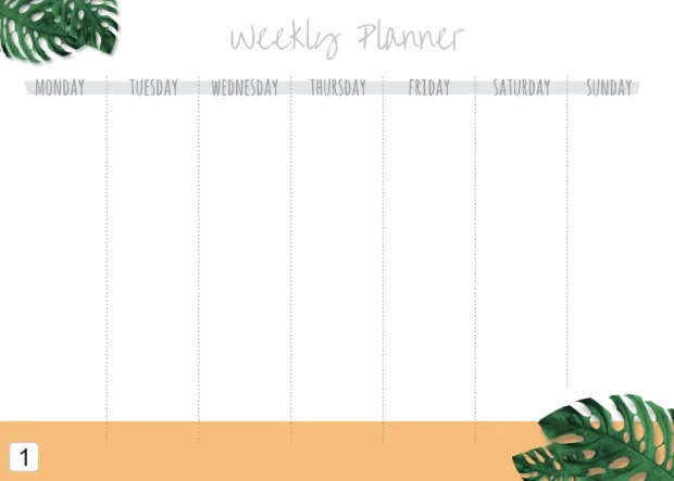 Tablica magnetyczna suchościeralna Weekly planner 409 - Wzór graficzny. Na białym tle widoczne są dni tygodnia oraz liście