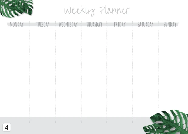 Tablica magnetyczna suchościeralna Weekly planner 409 - Wzór graficzny. Na białym tle widoczne są dni tygodnia oraz liście