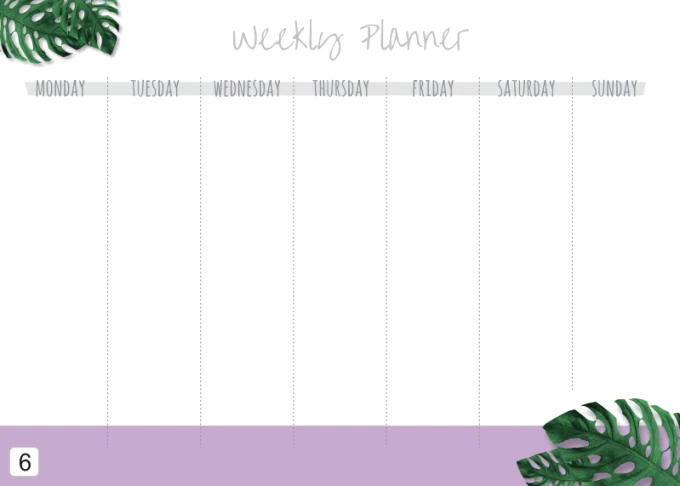 Tablica suchościeralna Weekly planner 409 - Wzór graficzny. Na białym tle widoczne dni tygodnia oraz liście w dolnym rogu