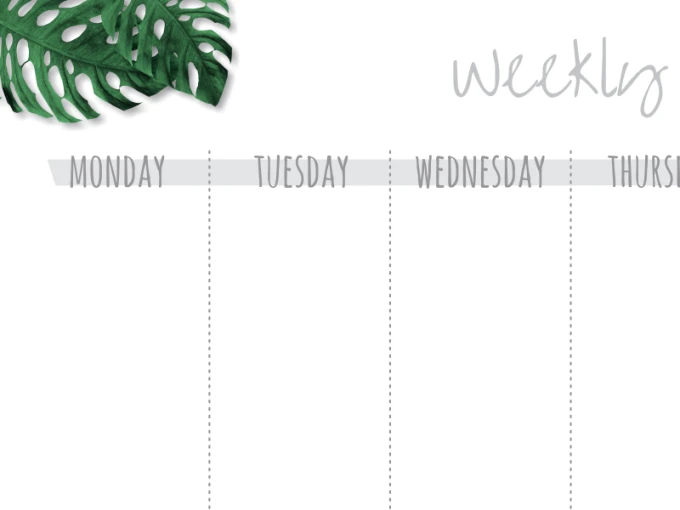 Tablica suchościeralna Weekly planner 409 - Wzór graficzny. Na białym tle widoczne są napisy dni tygodnia oraz liść