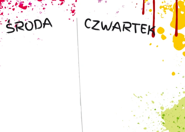 Tablica magnetyczna suchościeralna plan tygodnia 418 - Wzór graficzny. Na białym tle kolorowe plamy i napisy dni tygodnia