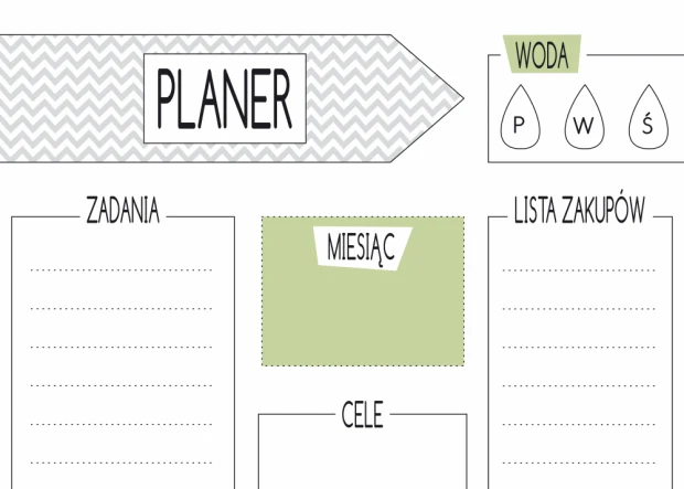 Tablica magnetyczna suchościeralna planer 412 - Wzór graficzny. Szare zygzaki, zielony prostokąt, pola na zadania i cele