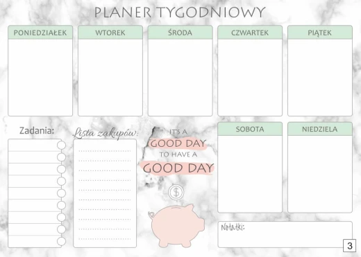 Tablica magnetyczna suchościeralna planer tygodniowy 414 - Wzór graficzny. Grafika przedstawia podział na dni tygodnia