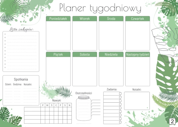 Tablica magnetyczna z nadrukiem planera tygodniowego i zielonym motywem liści monstery na białym tle