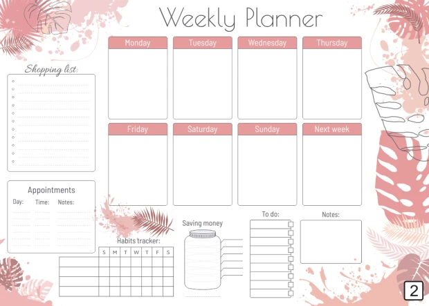 Tablica magnetyczna suchościeralna Weekly planner 415 - Wzór graficzny. Grafika z różowymi liśćmi, prostokątne pola na dni