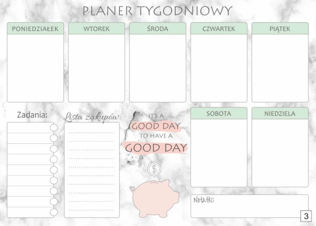 Tablica suchościeralna planer tygodniowy 414 - Wzór graficzny. Grafika przedstawia podział na dni tygodnia oraz miejsce