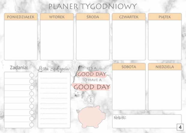Tablica suchościeralna planer tygodniowy 414 - Wzór graficzny. Grafika z białym tłem, szare akcenty, prostokątne pola na dni