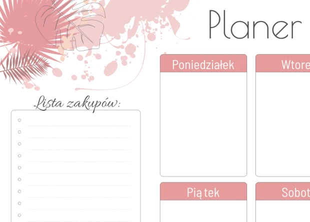 Tablica suchościeralna z różowym planerem tygodniowym i listą zakupów na białym tle