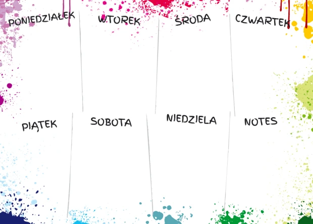 Tablica suchościeralna plan tygodnia 418 - Wzór graficzny. Kolorowe plamy i napisy dni tygodnia na białym tle