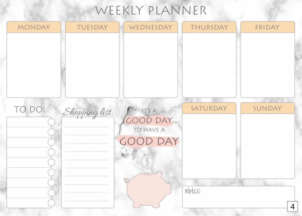Tablica suchościeralna Weekly planner 413 - Wzór graficzny. Prosta kompozycja z miejscem na dni tygodnia i listę zakupów