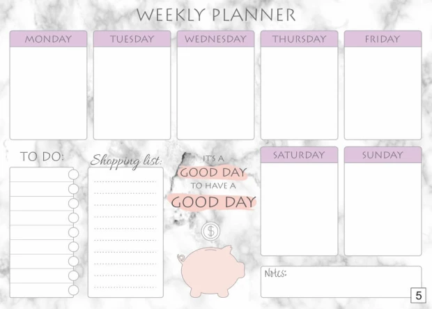 Tablica suchościeralna Weekly planner 413 - Wzór graficzny. Grafika przedstawia podział na dni tygodnia z miejscem