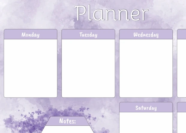 Tablica suchościeralna Weekly planner 419 - Wzór graficzny. Kształt prostokątny, fioletowe tło z białymi polami na dni