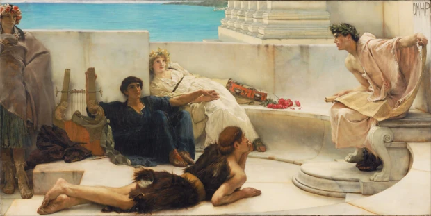 Reprodukcja A Reading from Homer, Lawrence Alma-Tadema - Wzór graficzny. Postacie w strojach antycznych, siedzące i leżące