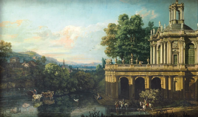 Reprodukcja Architectural Caprice with a Palace, Canaletto, Bernardo Bellotto - Wzór graficzny. Obraz przedstawia pałac nad