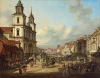 Reprodukcja Church of the Holy Cross in Warsaw, Canaletto, Bernardo Bellotto - Wzór graficzny. Przedstawia ulicę