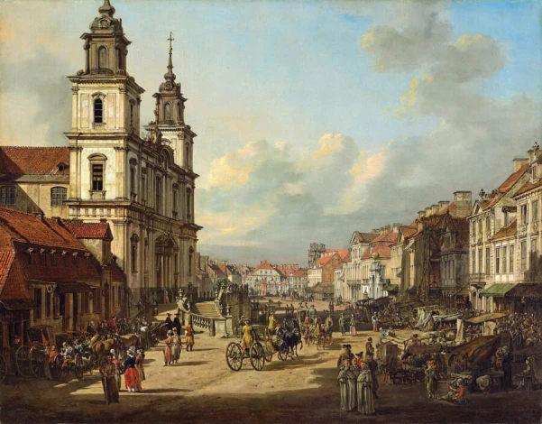 Reprodukcja Church of the Holy Cross in Warsaw, Canaletto, Bernardo Bellotto - Wzór graficzny. Przedstawia ulicę