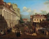 Reprodukcja Miodowa Street in Warsaw, Canaletto, Bernardo Bellotto - Wzór graficzny. Ujęcie ulicy z budynkami, ludźmi